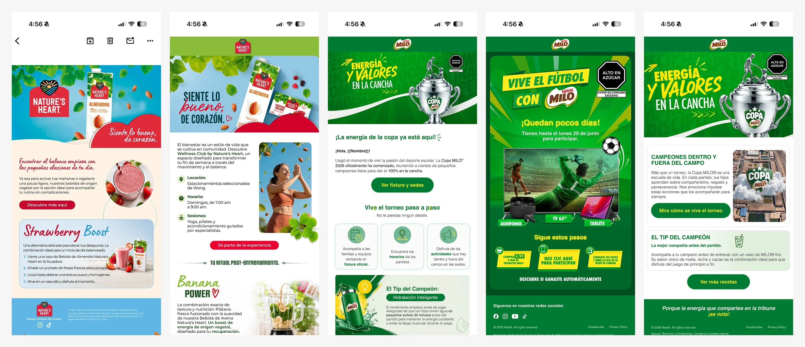 Emails de Nature's Heart y MILO en móvil