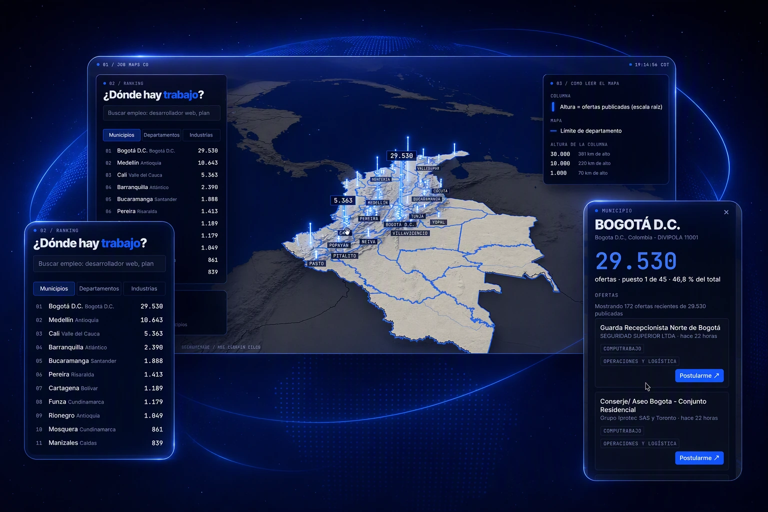 Job Maps CO: mapa 3D de Colombia con columnas de luz por ciudad, ranking y ficha de Bogotá