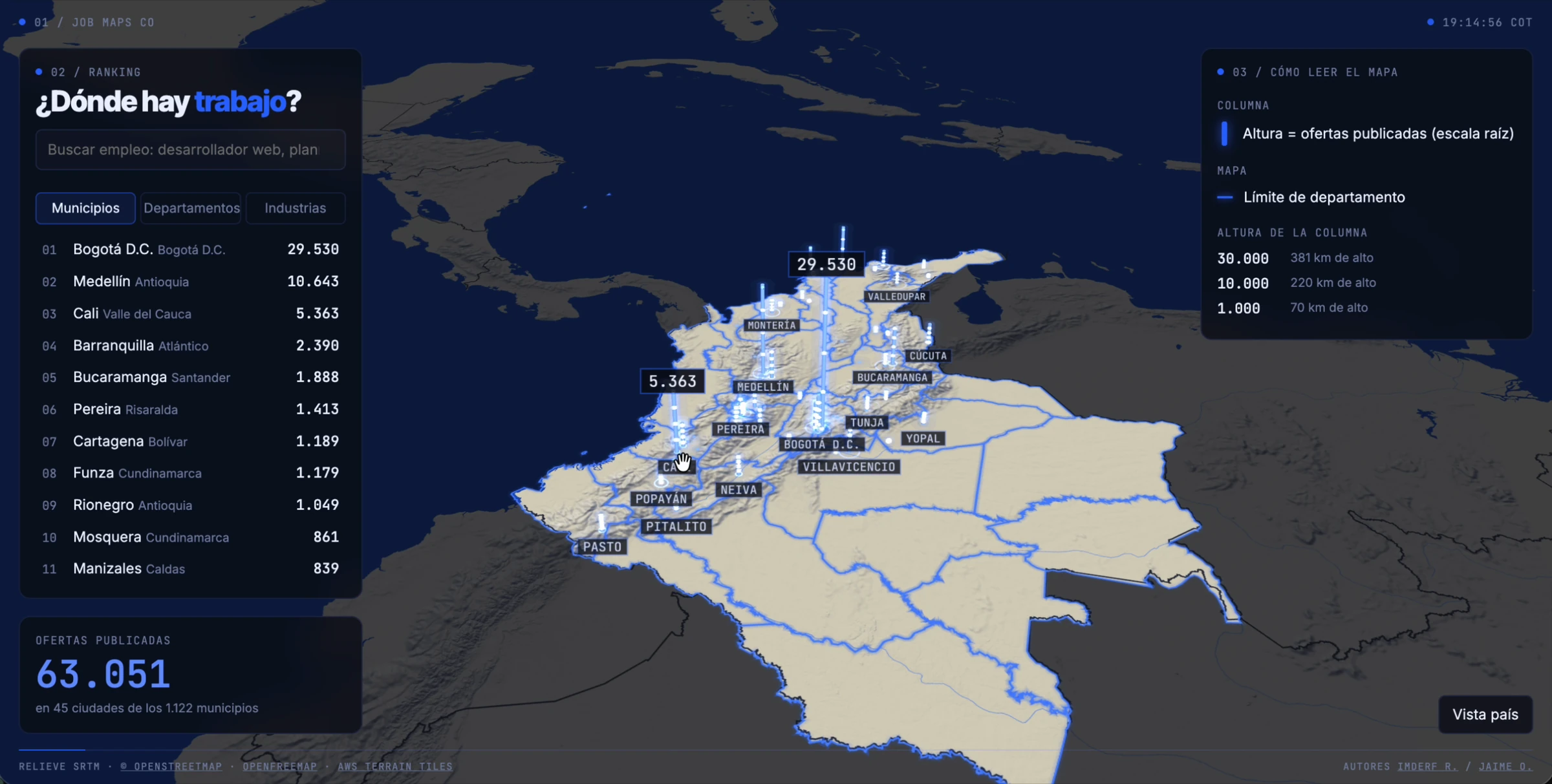 Job Maps CO: Colombia con una columna de luz por ciudad y el ranking de municipios