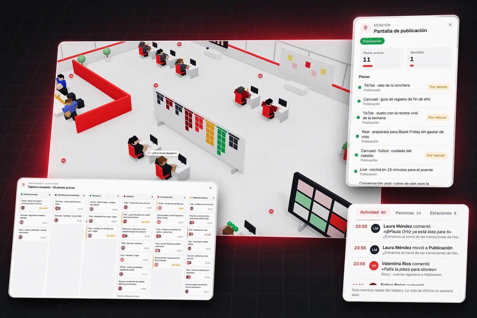 Ogilvy Live: oficina 3D isométrica con la ficha de una estación, el tablero Kanban y la actividad en vivo