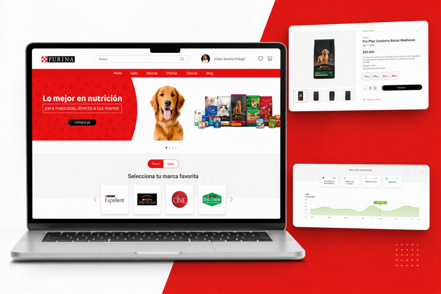 Purina - Plataforma Ecommerce B2B: home en laptop con la ficha de producto y el dashboard de fidelización