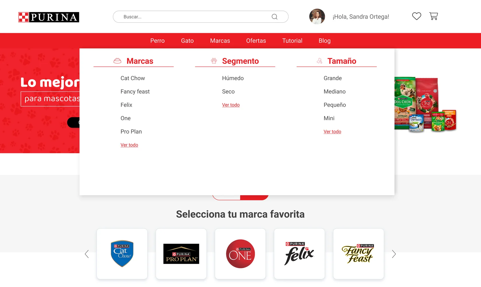 Menú desplegable por marcas, segmentos y tamaños
