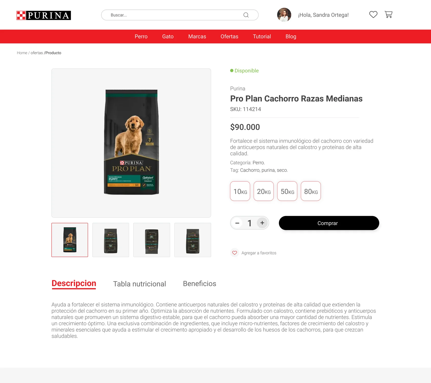 Ficha de producto: Pro Plan Cachorro con precio, gramajes y pestañas