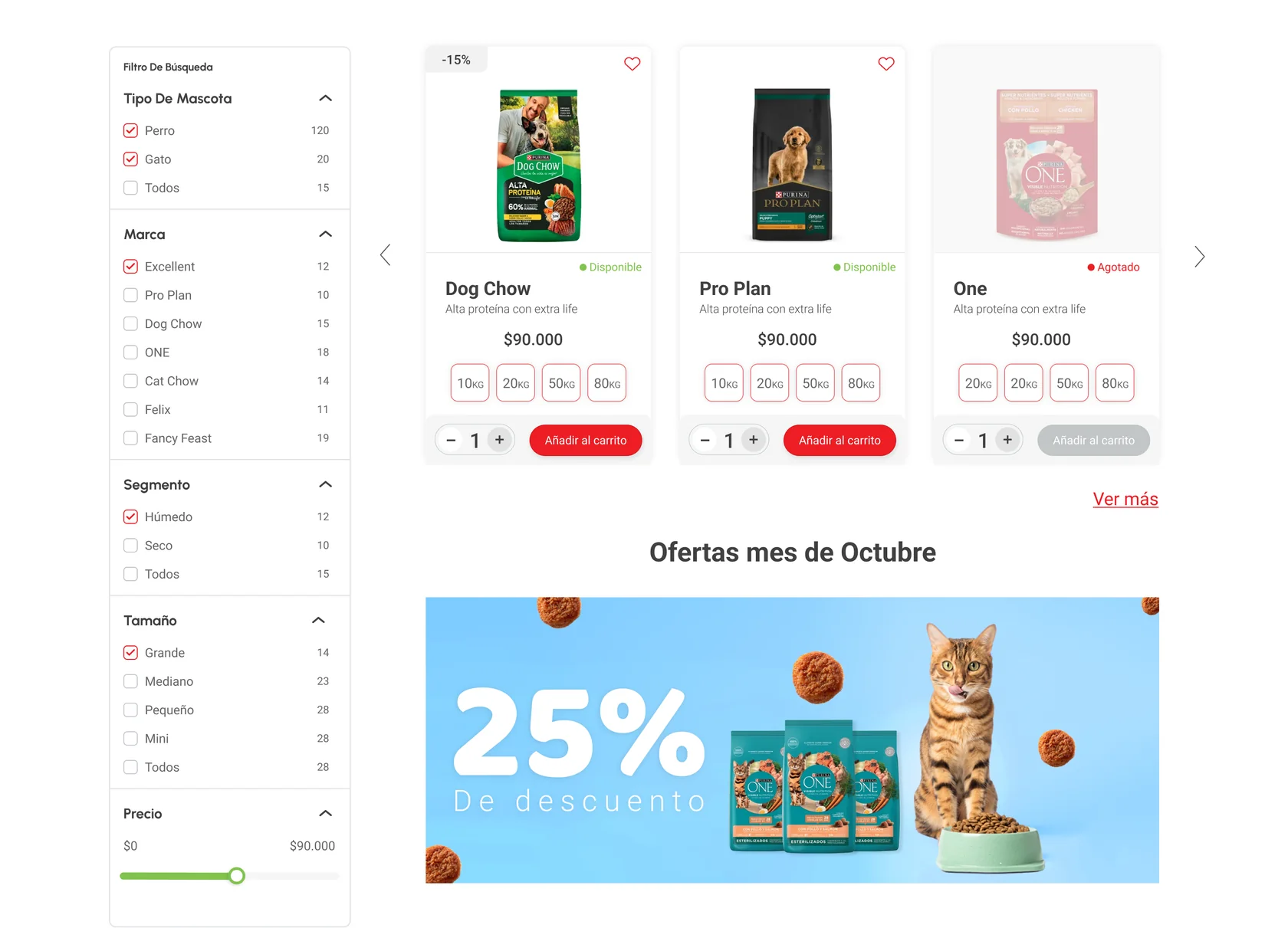 Home: filtros, productos con compra directa y ofertas del mes