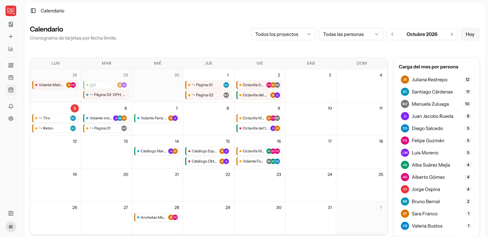 Calendario por fecha límite con carga del mes por persona
