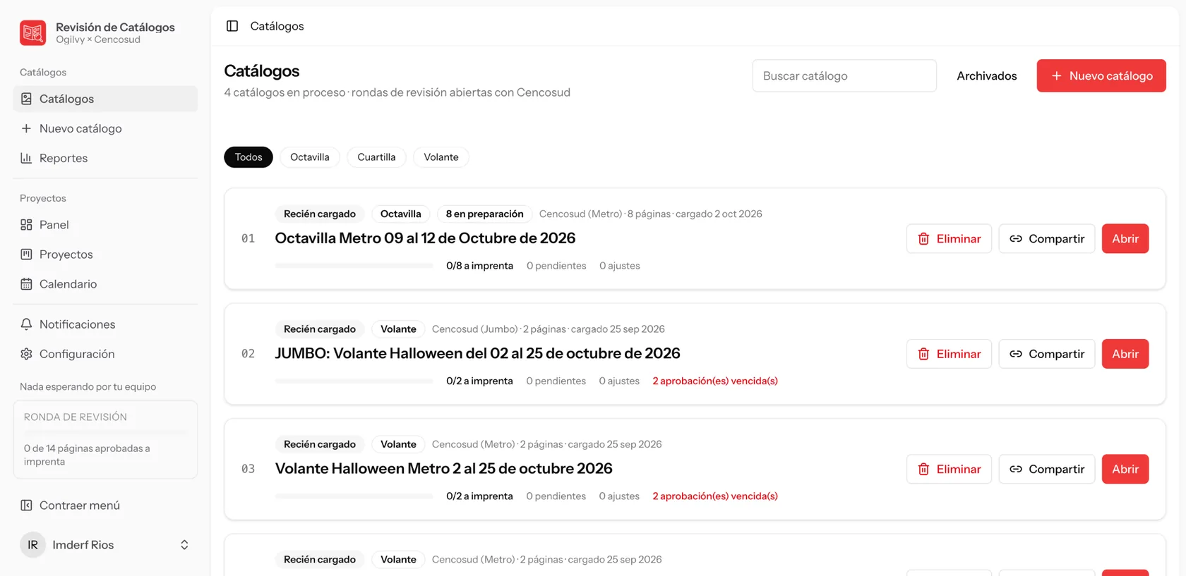 Lista de catálogos en proceso con avance a imprenta y aprobaciones vencidas
