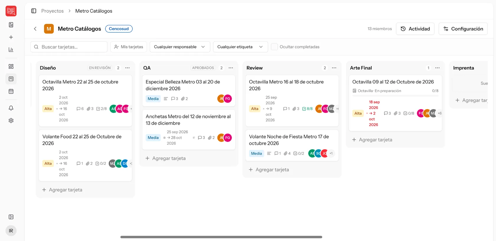 Tablero del proyecto con listas de Diseño a Imprenta